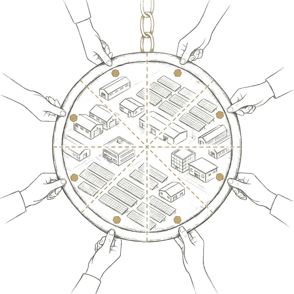 Pencil sketch of a real-world asset divided into tokenized ownership slices