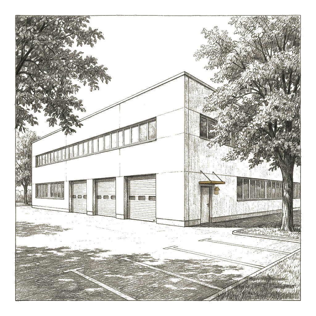 Pencil sketch of a refurbished industrial warehouse in lower Austria